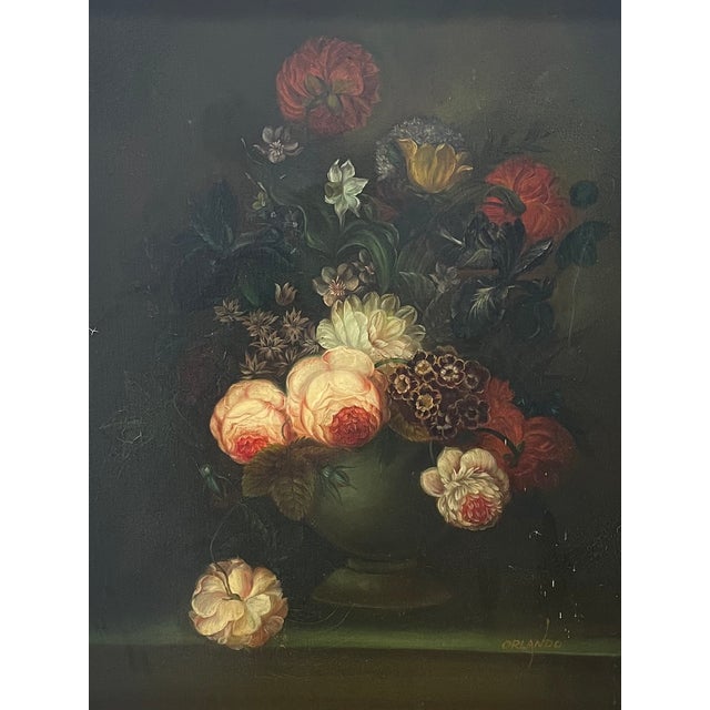 Dark Green 1930s Orlando Still Life Flowers Signed Oil on Canvas Ornate Gilt Frame For Sale - Image 8 of 10