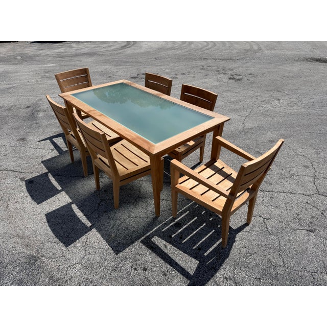 1990s 1990s Brown Jordan Mission Teak & Frosted Glass Outdoor Dining Set - 7 Pieces For Sale - Image 5 of 10