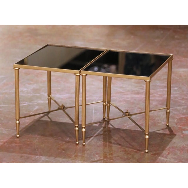 Mid-Century French Maison Baguès Style Black Glass Tops Brass Side Tables For Sale In Dallas - Image 6 of 8