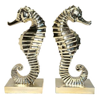 Pair of Gold Finish Seahorse Bookends Sculptures For Sale