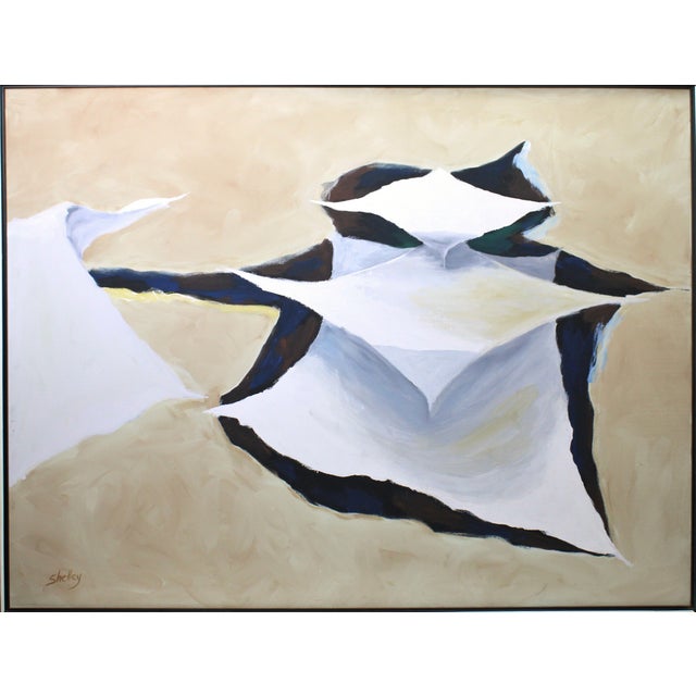 Large and bold oil painting. Featuring an abstract composition of pieces of floating paper, torn from around and above...