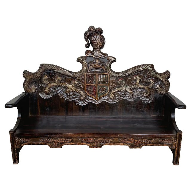 Early 20th Century Spanish Polychromed Hand Carved Oak Settee For Sale - Image 10 of 10