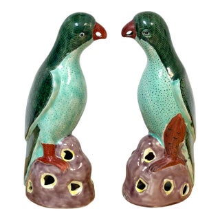 Pair 20th Century Chinese Export Famille Verte Porcelain Parrots, Kangxi Style For Sale