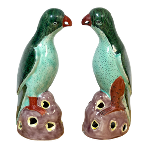 Pair 20th Century Chinese Export Famille Verte Porcelain Parrots, Kangxi Style