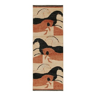 2010s Rug & Kilim’s Tribal Style Horse Pictorial Runner in Beige-Brown & Black For Sale