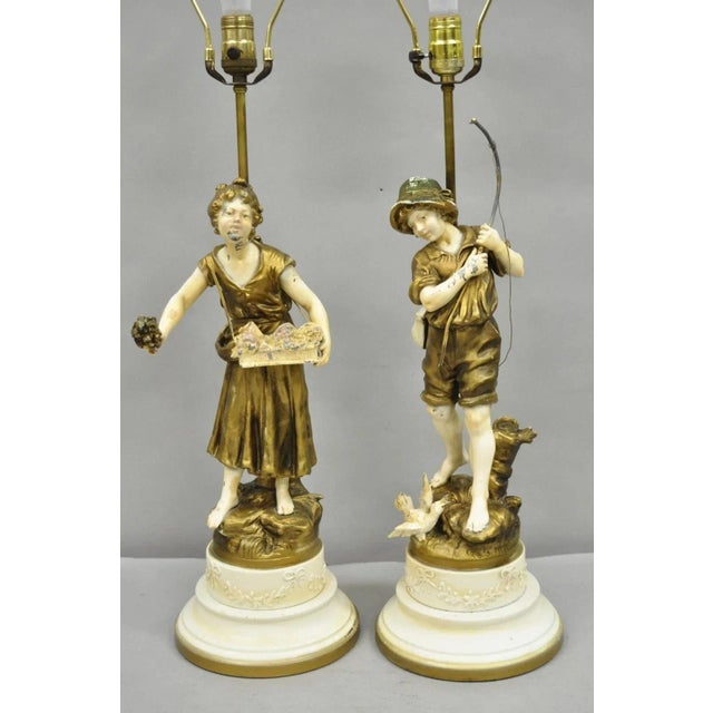 Renaissance Antique French Victorian Moreau Figural Metal Boy and Girl Table Lamps (B), Pair For Sale - Image 3 of 12