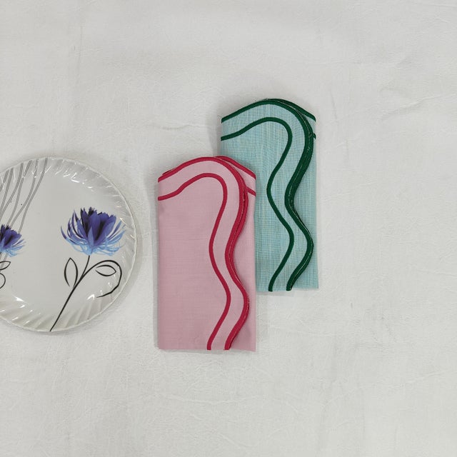 Handmade Wave Scalloped Napkins with Double Embroidered Trim, Green - Set of 4 For Sale - Image 4 of 8