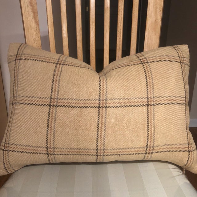 Handcrafted pillow covers, tan beige linen with gray, beige and maroon lines, invisible zipper. Only selling the pillow...