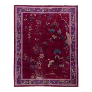 Antique Circa 1920's Burgundy Chinese Art Deco Hand Knotted Rug 9' X 11'6 For Sale