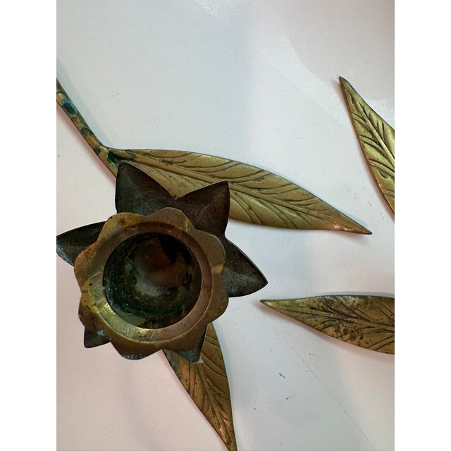 Brass Vintage Brass Lotus Flower Candle Holders Tablescape With Leaf Bases - A Pair For Sale - Image 8 of 12