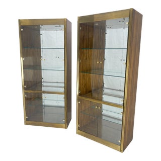 Zebra Wood Brass Glass Showcases Vitrines Shelves Etageres Mastercraft MINT - A Pair For Sale