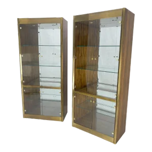 Zebra Wood Brass Glass Showcases Vitrines Shelves Etageres Mastercraft MINT - A Pair