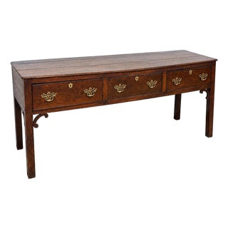 18th-Century English Oak Three-Drawer Dresser Base With Original Brasses For Sale