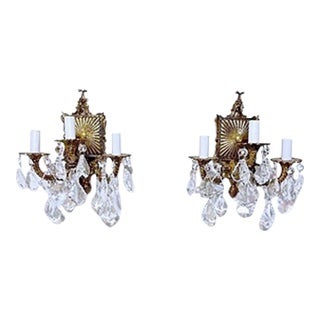 Pair of 1930s Bronze Sconces With French Pendalogue Crystals For Sale