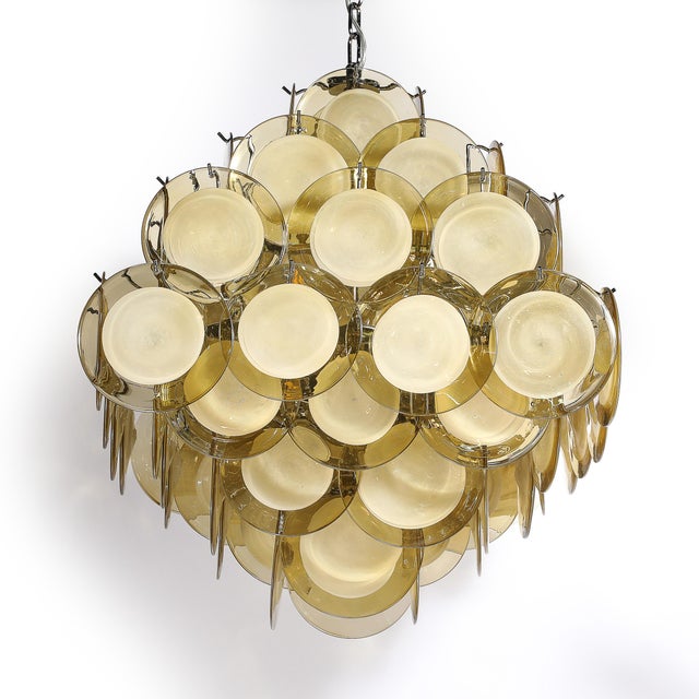 Modernist Hand-Blown Murano Glass Pagoda Form Disc Chandelier in Citrine Hue For Sale - Image 11 of 16