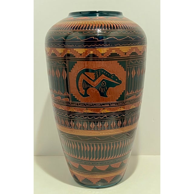 Brown Large Signed W. Johnson Navajo Carved Art Pottery Floor Vase For Sale - Image 8 of 8