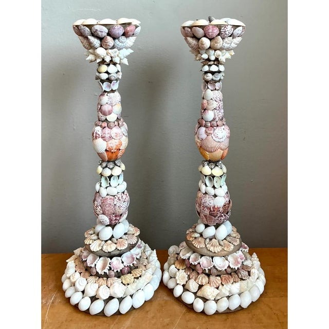 Vintage Shell Encrusted Candle Holders - Pair For Sale - Image 9 of 12
