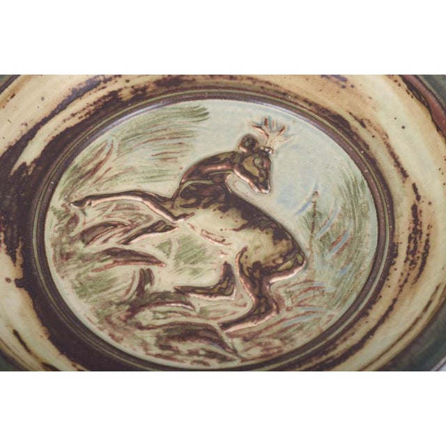Vintage Round Stoneware Dish with Relief of Deer by Knud Kyhn for Royal Copenhagen, 1970s For Sale - Image 3 of 5