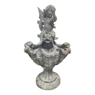 Vintage Neoclassical Bronze Cherub Riding Dolphin Shell Basin Fountain For Sale