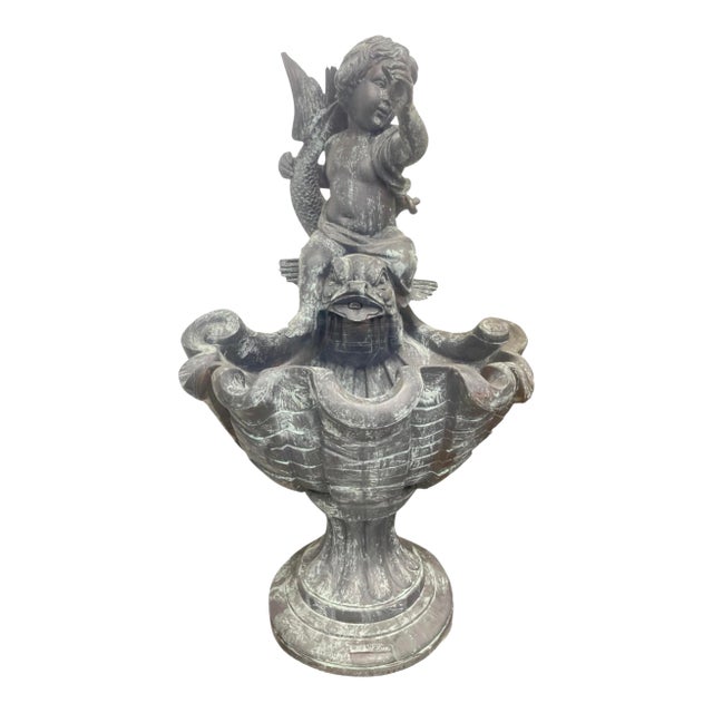 Vintage Neoclassical Bronze Cherub Riding Dolphin Shell Basin Fountain For Sale