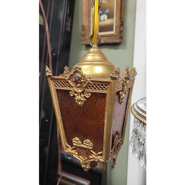 Amber Petite 1920s Hanging Lantern Chandelier For Sale - Image 8 of 10