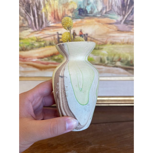 Ceramic Vintage Studio Pottery Bud Vase With Green and Brown Marbled Glaze For Sale - Image 7 of 9