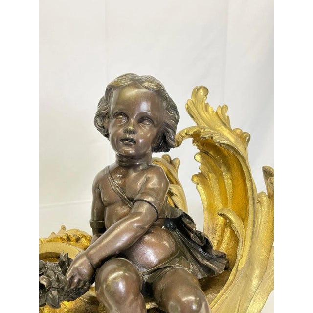 Pair Patinated Gilt Bronze Cherub Fireplace Andirons, Chenets Antique Louis XV For Sale - Image 9 of 12