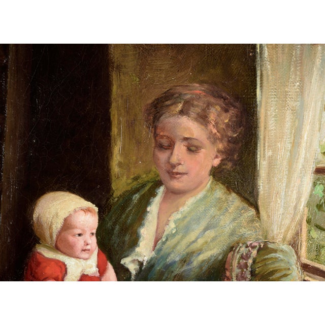 Textile Woman With Two Children in Red - Dutch Style Interior Scene in Oil on Canvas by Joseph Tomanek For Sale - Image 7 of 9