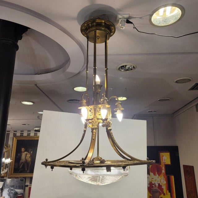 Gold Art Nouveau Ceiling Lamp in Gilt Bronze and Frosted Crystal, France, 1930s For Sale - Image 8 of 18
