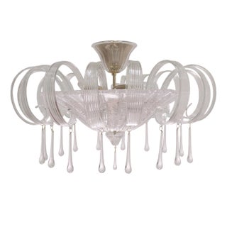 Murano Glass Ceiling Light in Pure Crystal Color with Handmade Leaves and Drops, Italy, 1990s For Sale