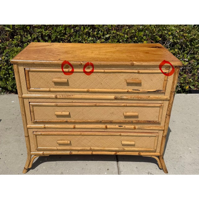 Tan Vintage Bamboo / Grasscloth “Rising Sun” Dresser & Nightstand, a Set of 2 For Sale - Image 8 of 15