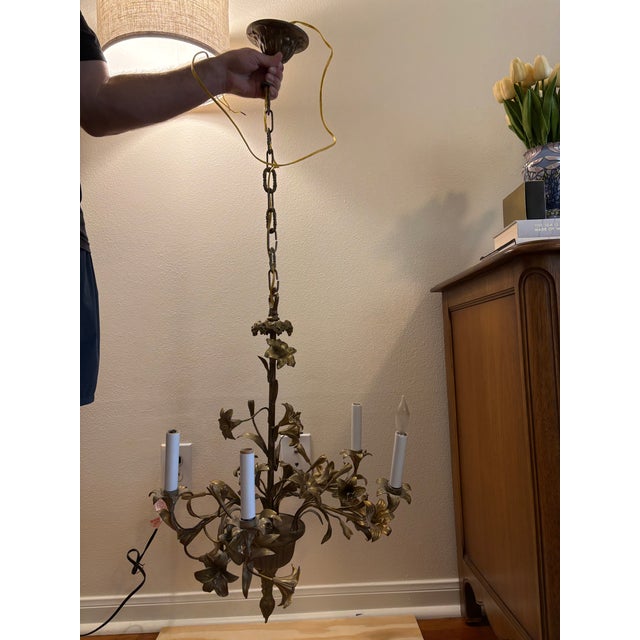 Vintage Hans Kögl Style Brass Lily Floral Chandelier, 3-Light, Hollywood Regency, Italian Florentine, 1970s For Sale In Austin - Image 6 of 6