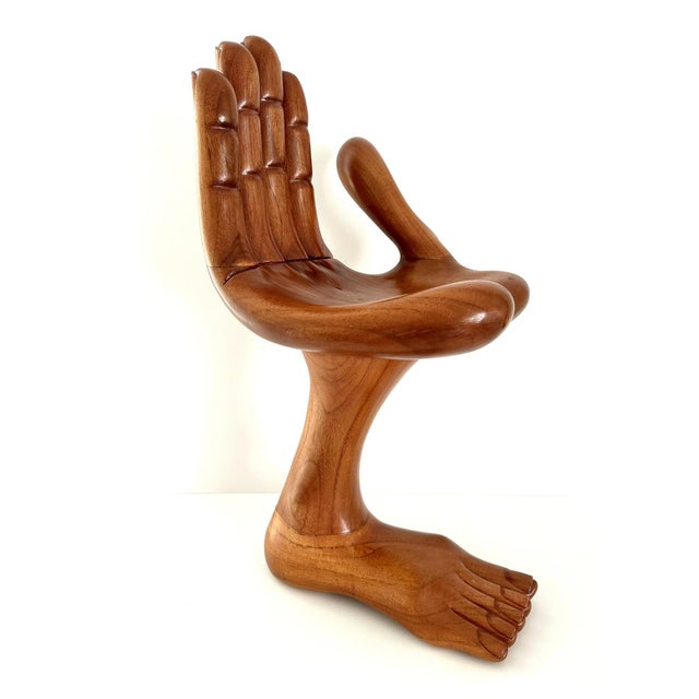 An iconic hand-foot wood sculpture by celebrated Mexican American surrealist artist Pedro Friedeberg (1936-), circa 1960s....