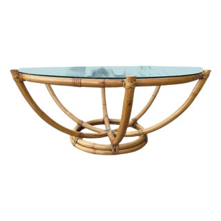 1940s Restored Mid-Century Rattan Six Strand Round Glass Top Spidal Coffee Table For Sale