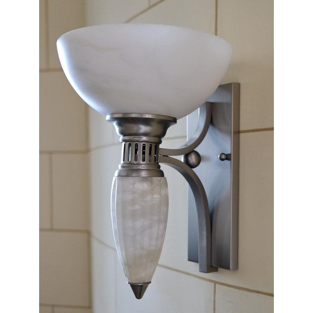 Silver Art Deco Sconces with Alabaster Bowls and Illuminated Cones, 1990s, Set of 2 For Sale - Image 8 of 17