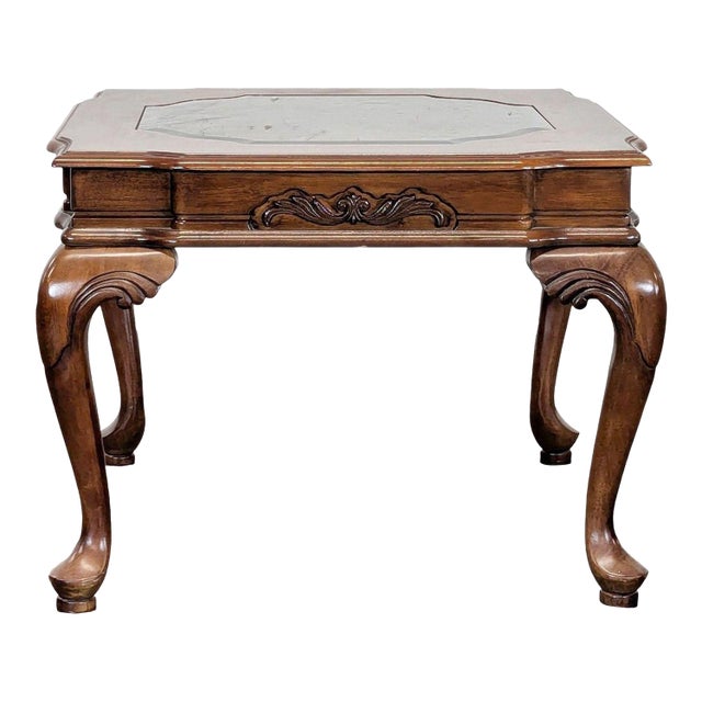 Cherrywood End Table With Cabriole Legs and Glass Insert For Sale