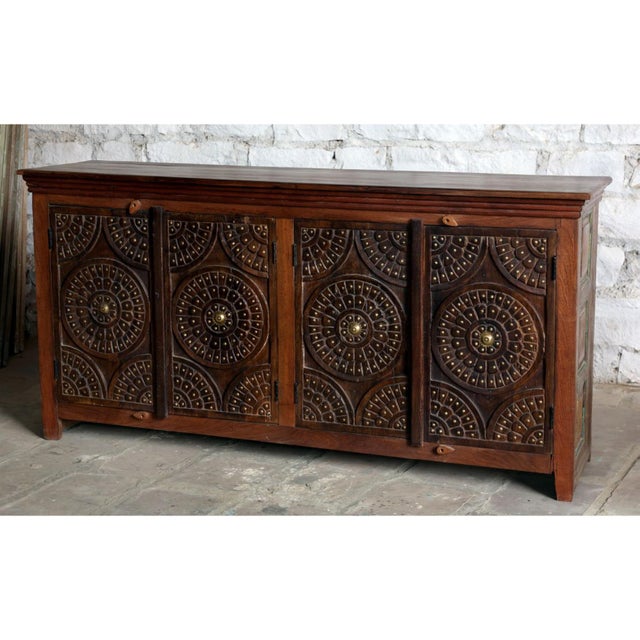 Mid-Century Modern Antique Lotus Carved Sideboard – Two-Tone Vintage Wood Buffet Credenza For Sale - Image 3 of 6