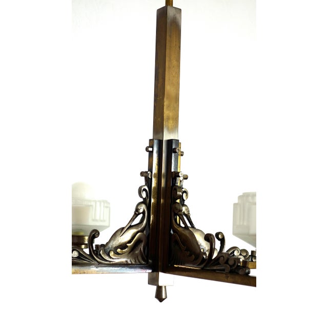 Silver French Art Deco Brass and Satin Glass 4-Light Chandelier, 1920s For Sale - Image 8 of 15
