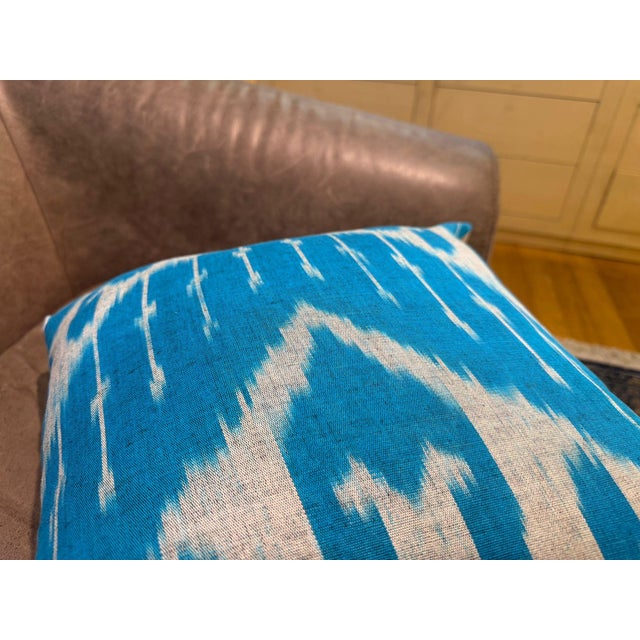 Sky Blue Vintage Silk Ikat Square Cushion Cover For Sale - Image 8 of 13