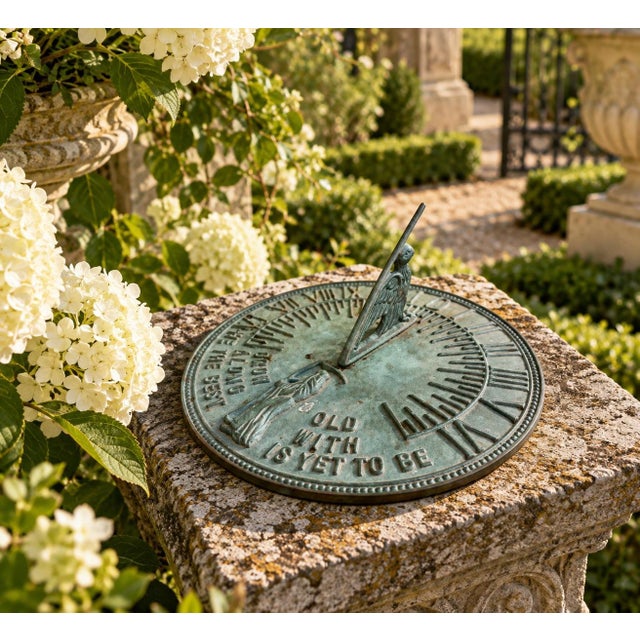A classic vintage iron verdigris garden sundial inspired by traditional English estate landscapes, reading "Grow old along...