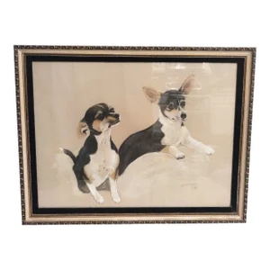 Custom Painted Portrait Corgi and Chihuahua Black White Dog Painting Framed Art