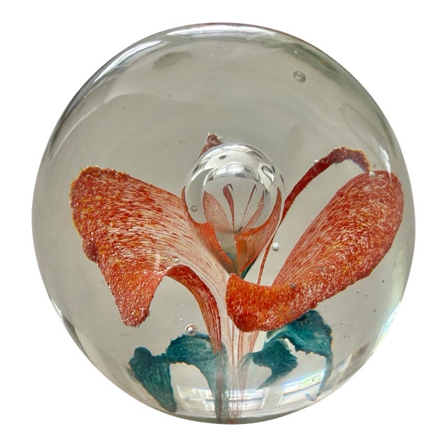 Vintage Orange Floral Hand-Blown Glass Paper Weight For Sale