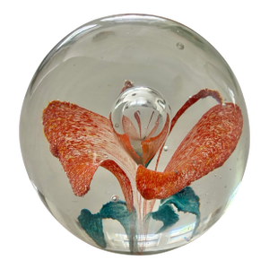 Vintage Orange Floral Hand-Blown Glass Paper Weight