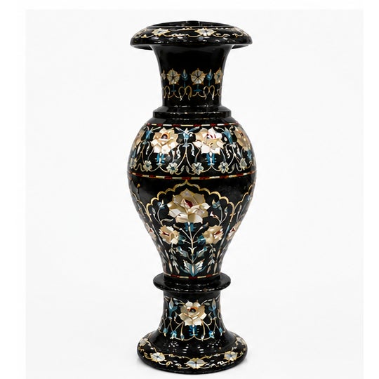 Black Marble Inlay Flower Vase | Handmade Decorative Floral Vase | Pietra Dura Art Home Decor | Luxury Table Centerpiece...
