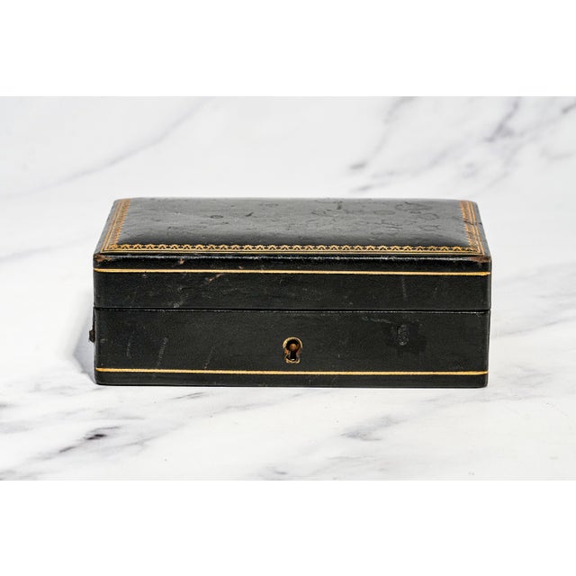 Black Nice Mid Century Vintage Italian Black Leather Gold Border Jewelry Trinket Box For Sale - Image 8 of 18
