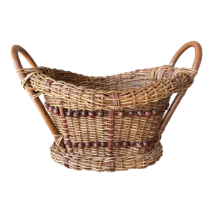 Circa 1970 Cottage Chic Handwoven Oval Willow & Wooden Bead Basket – Philippines