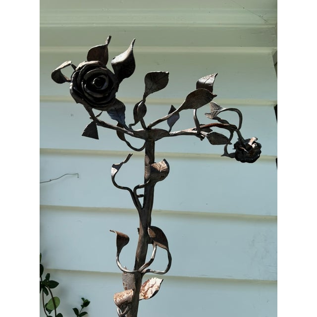 1940s Hand Forged Wrought Iron Rose Floor Candle Holder Sculpture Roots Blacksmith For Sale - Image 9 of 13