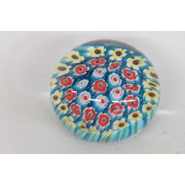 Aqua Small Round Art Glass Paper Weight Italian Murano Style Millefiori Flowers 5131b For Sale - Image 8 of 10