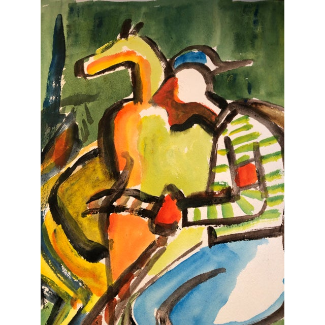Original Vintage Abstract Expressionist Modernist Watercolor Painting Hores & Jockey Double Sided Signed 1970’s For Sale - Image 4 of 6