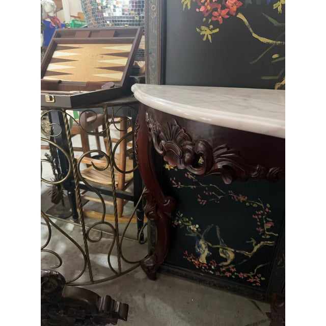 Mid-Century Modern 1970s Dark Wooden Oval Mirror and Console Table With Marble Top Pair For Sale - Image 3 of 11